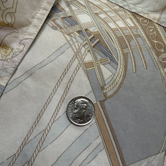 HERMES Vintage Face au Large Margiela Blue Ivory Silk Blouse FR48 Women XL 16 18 - Picture 11 of 16